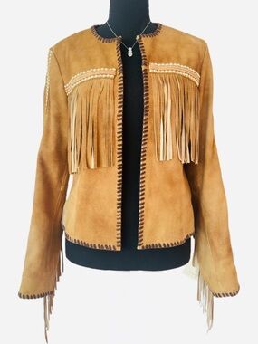 SCULLY ~ Tan Suede Fringe Short Jacket Dark Brown Leather Stitch Gold Accents